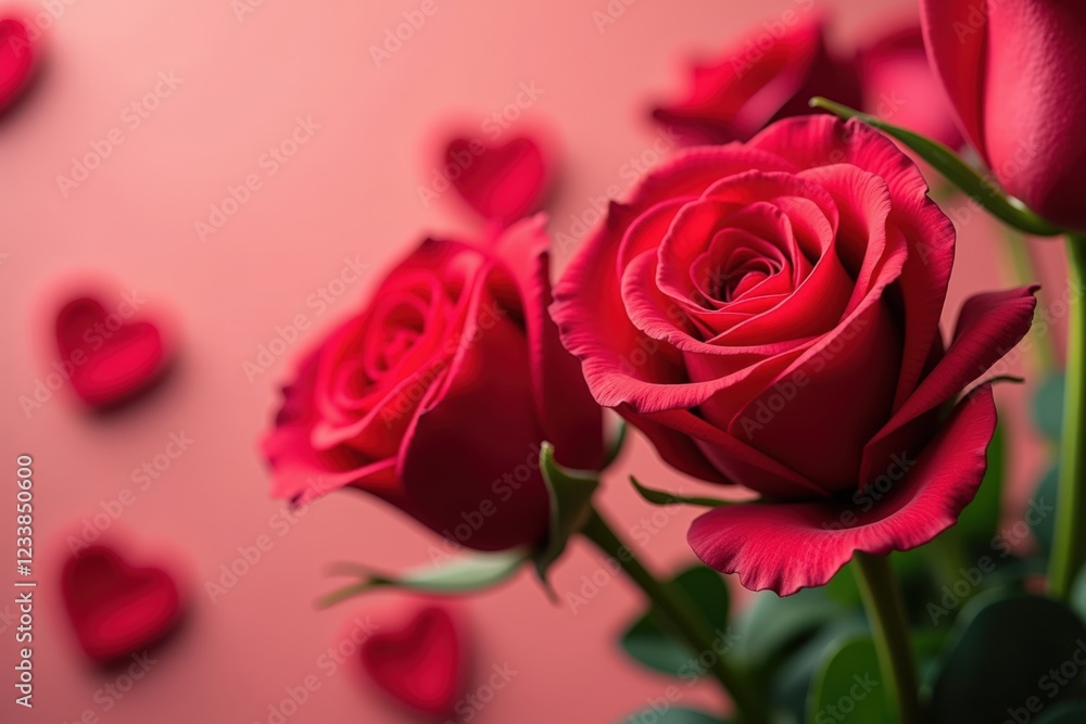 A Beautiful Bouquet of Red Roses Accented by Petals on a Soft Pink Background, Ideal for Celebrating Love and Affection in Special Occasions A Beautiful Bouquet of Red Roses Accented by Petals on a Soft Pink Background, Ideal for Celebrating Love and Affection in Special Occasions