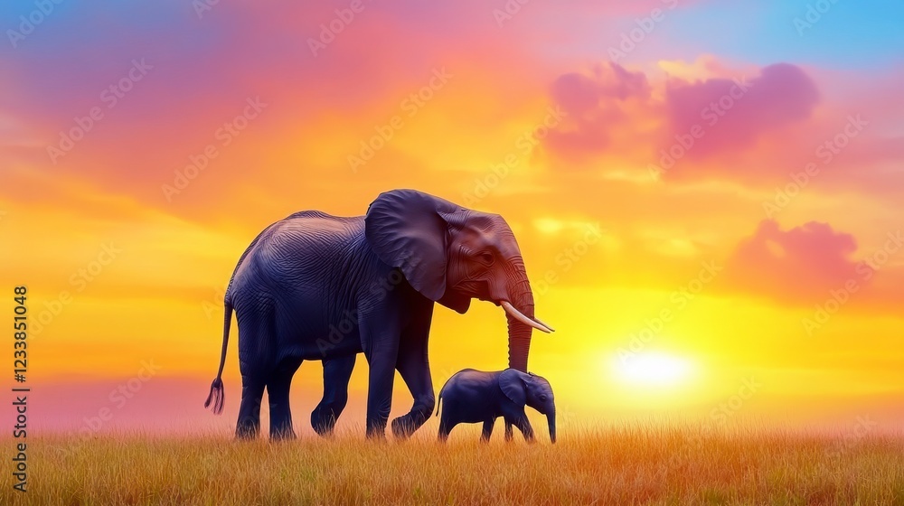 Fototapeta premium Majestic Elephant and Calf Walking Together at Sunset in Nature