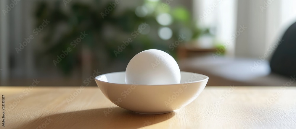 White massage ball resting in a bowl on a wooden coffee table with ample empty space for text and a blurred background of home decor. White massage ball resting in a bowl on a wooden coffee table with ample empty space for text and a blurred background of home decor.