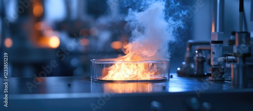 Engineering students conducting experiments on fuel combustion and thermal processes with steam and flames in a laboratory setting photo