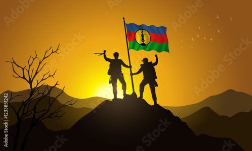 New Caledonia flag, silhouette of two climbers holding a flag at sunset over the mountain