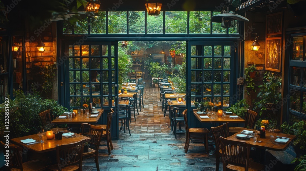Fototapeta premium Enchanted Garden Restaurant: A Serene Dining Experience