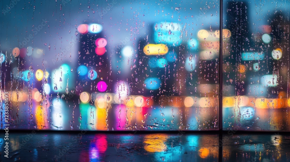 Obraz premium Vibrant city skyline with colorful lights reflected in rain-soaked glass on a rainy night creating a mesmerizing urban atmosphere