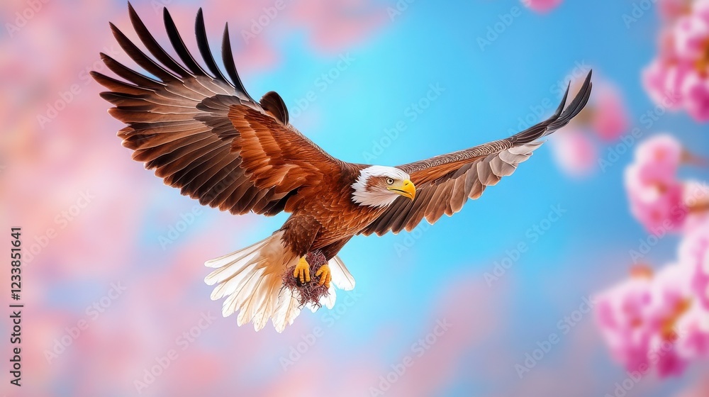 Fototapeta premium Majestic Bald Eagle in Flight Against a Colorful Blossom Background