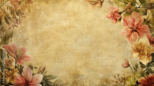 Vintage Floral Print Fabric Background with Empty Space for Text and Decorative Elements in Soft, Muted Tones photo