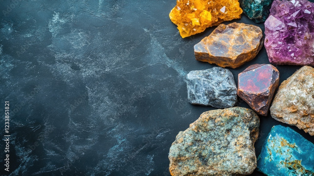 Vibrant tropical mineral rocks on dark surface displaying diverse colors and textures with ample copyspace for creative text placement Vibrant tropical mineral rocks on dark surface displaying diverse colors and textures with ample copyspace for creative text placement