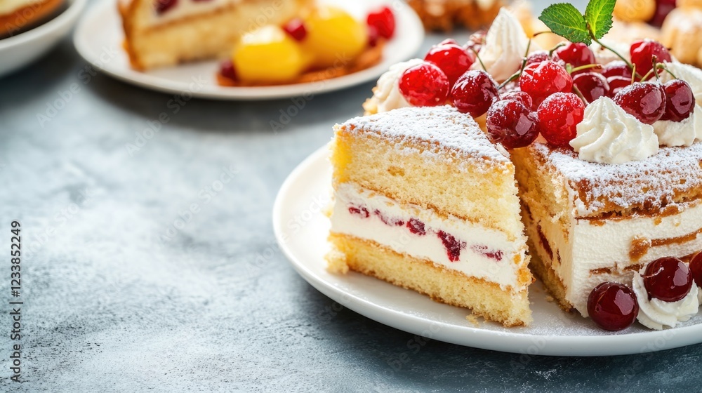 Delicious dessert menu featuring traditional treats like Napoleon cake Kyiv cake cherry dumplings with space for text copy in a modern setting Delicious dessert menu featuring traditional treats like Napoleon cake Kyiv cake cherry dumplings with space for text copy in a modern setting