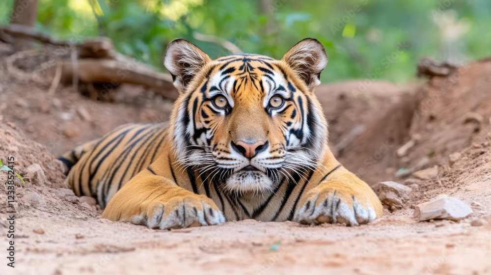 Obraz premium Majestic Tiger Lying in Natural Habitat with Intense Gaze