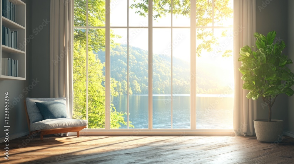 Fototapeta premium Tranquil Living Room with Window View of Lake and Morning Light Streaming Through in Springtime Ambiance