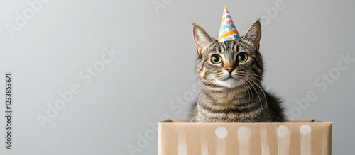 Cat in gift box wearing party hat with space for text celebrating birthday theme for pets in a festive atmosphere photo