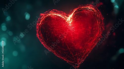 Futuristic low poly red heart. Colorful heart shaped background with glittering lights.