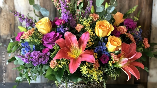 Wallpaper Mural Lush Floral Arrangement of Brightly Colored Flowers with Roses Lilies and Wildflowers in Decorative Vase Torontodigital.ca