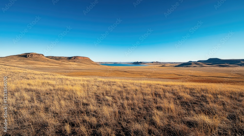 Barren landscape with cracked earth and dry grass under clear blue sky showcasing distant hills and lake ideal for text placement Barren landscape with cracked earth and dry grass under clear blue sky showcasing distant hills and lake ideal for text placement