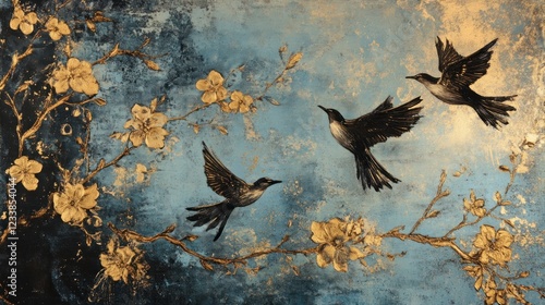 Three birds flying amidst gold blossom branches, blue textured background; home decor