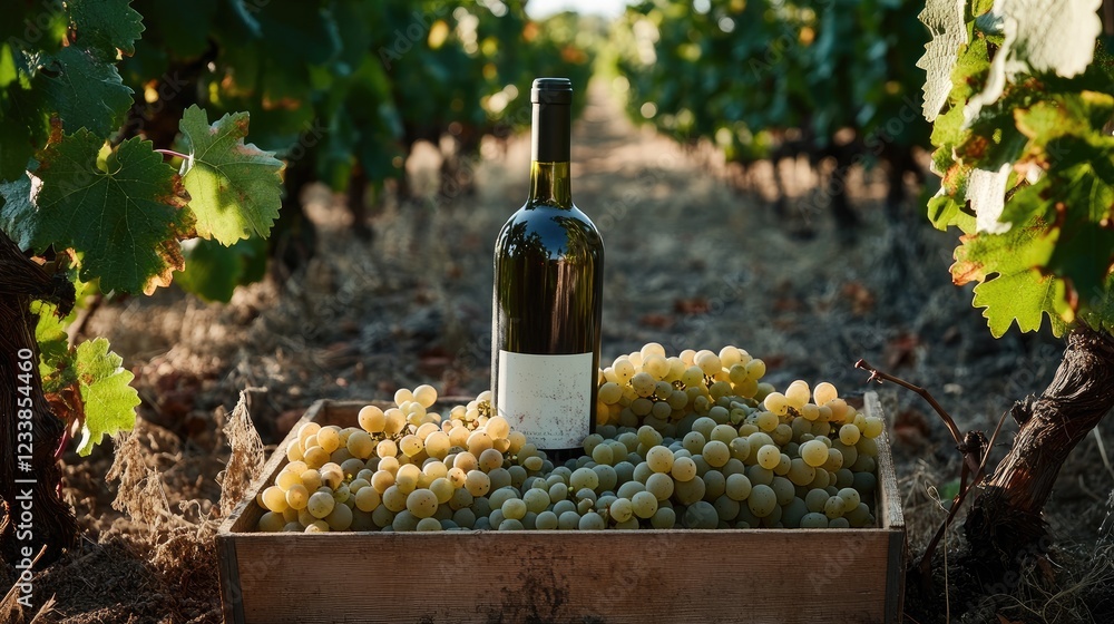 Fototapeta premium Wine bottle among fresh white grapes in vineyard setting during harvest season, showcasing nature's bounty and winemaking tradition