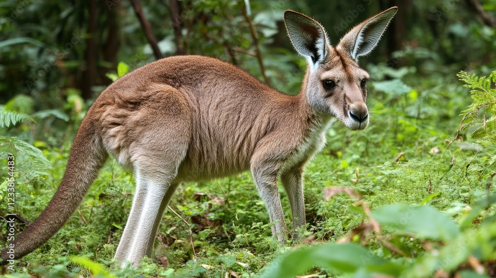 Australian Kangaroo in Natural Habitat Surrounded by Lush Greenery and Forest Vegetation Australian Kangaroo in Natural Habitat Surrounded by Lush Greenery and Forest Vegetation