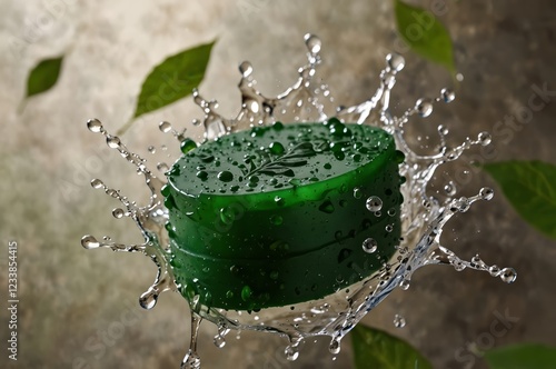 Refreshing neem and aloe vera soap with a dynamic water splash, symbolizing purity, natural skincare, and deep hydration. A perfect blend of herbal care and skin nourishment