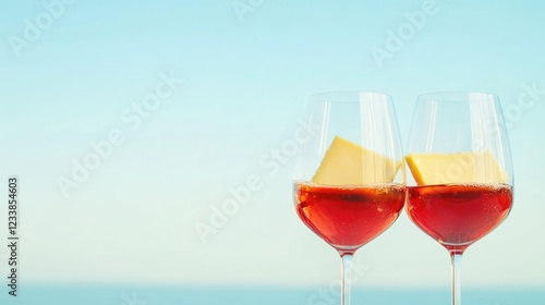 Elegant Pairing of Red Wine Glasses and Sliced Cheese Against a Serene Background with Space for Text or Branding photo