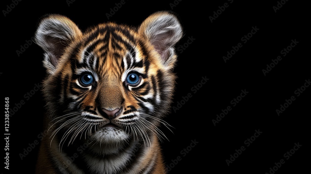 Fototapeta premium Portrait of a wild baby tiger cub with captivating blue eyes showcasing the beauty of Asian wildlife and the Panthera tigris species