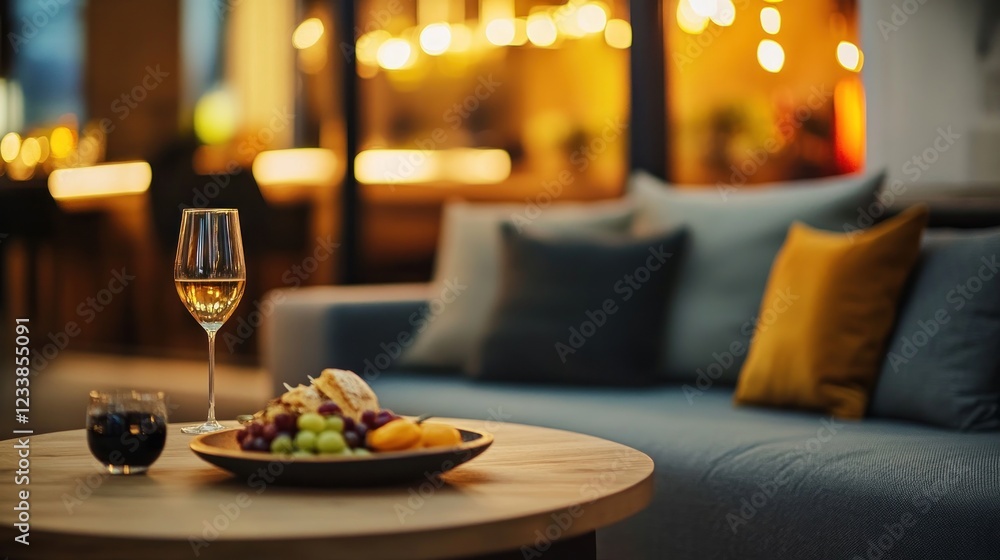 Fototapeta premium Lounge Relaxation Wine, snacks, and comfy sofa