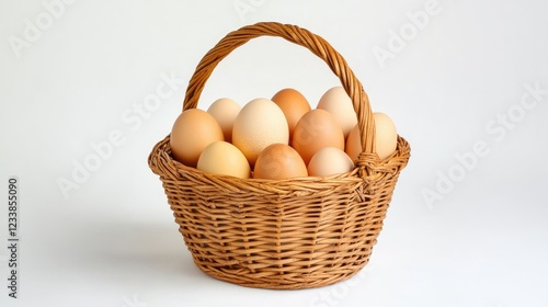 Wicker basket overflowing with fresh eggs on a white backdrop symbolizing Easter celebration in a flat lay style