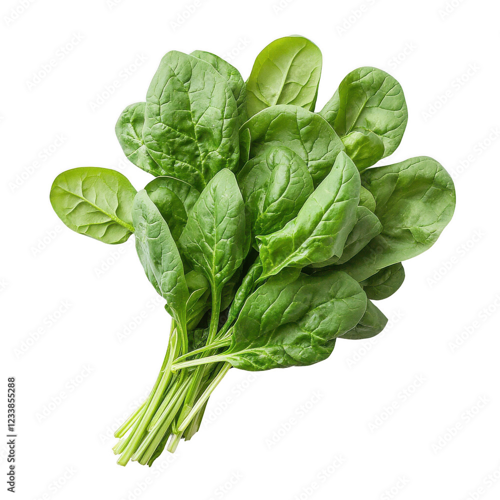 Fresh Spinach Bunch: A vibrant bunch of spinach, with lush green leaves, ready for culinary use. It is captured in a studio setting against a clean background. Fresh Spinach Bunch: A vibrant bunch of spinach, with lush green leaves, ready for culinary use. It is captured in a studio setting against a clean background.