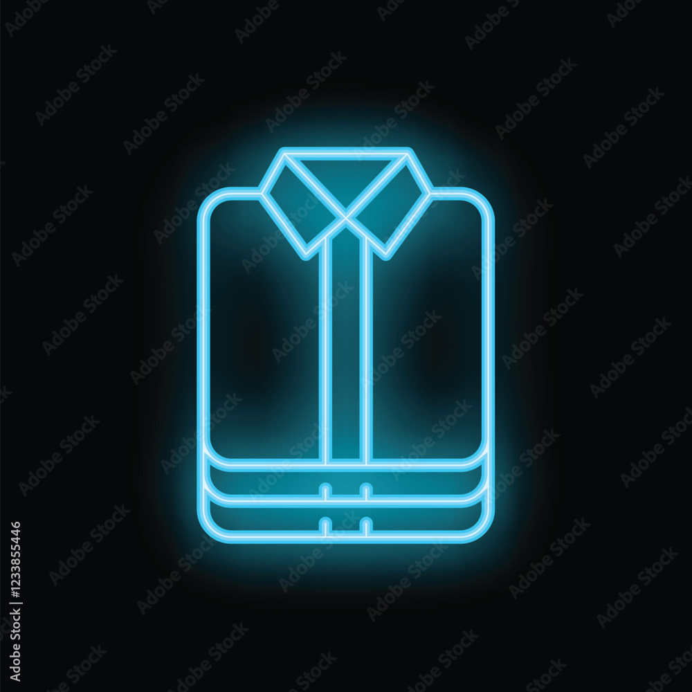 Bright blue neon sign depicting a folded shirt with a tie, perfect for any fashion or clothing related design Bright blue neon sign depicting a folded shirt with a tie, perfect for any fashion or clothing related design