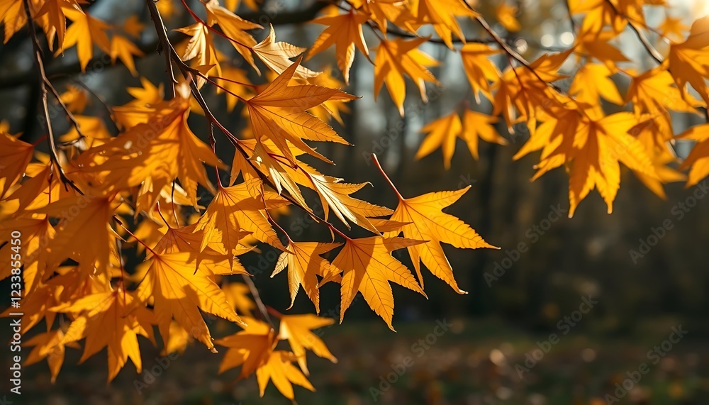 Golden Autumn Maple Leaves: Sunlit Branch, Warm Hues