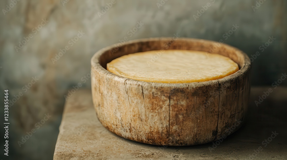 A gourmet cheese platter pairs luxury cheeses with crisp crackers. A round cheese in a rustic wooden container on a textured surface. A gourmet cheese platter pairs luxury cheeses with crisp crackers. A round cheese in a rustic wooden container on a textured surface.