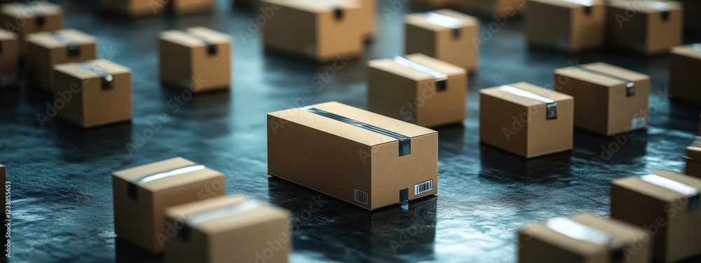 Ecommerce Warehouse with Cardboard Boxes on Floor and Empty Space for Promotional Text in Logistics Distribution Center Ecommerce Warehouse with Cardboard Boxes on Floor and Empty Space for Promotional Text in Logistics Distribution Center