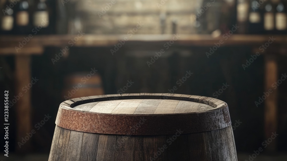 Rustic wooden barrel with empty space for text in a cozy winery setting showcasing vintage charm and inviting atmosphere Rustic wooden barrel with empty space for text in a cozy winery setting showcasing vintage charm and inviting atmosphere
