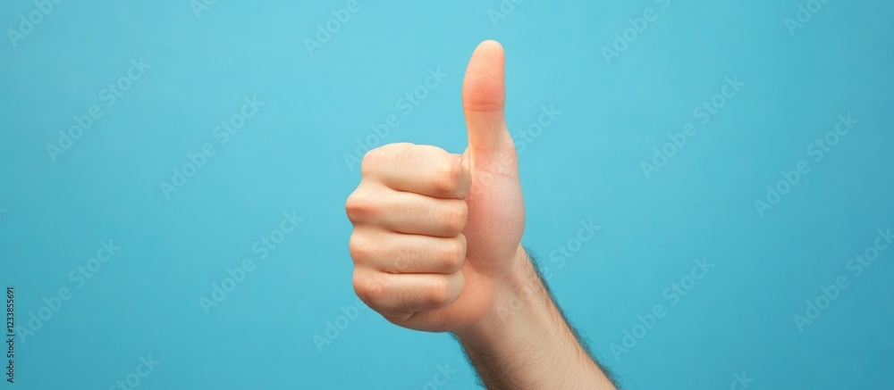 Caucasian man's hand giving thumbs up gesture on vibrant blue background with space for text or messaging in advertising or promotional materials Caucasian man's hand giving thumbs up gesture on vibrant blue background with space for text or messaging in advertising or promotional materials