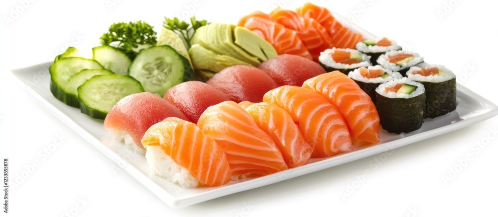 Assorted sushi and sashimi on white plate featuring salmon avocado and cucumber with space for text in a bright setting Assorted sushi and sashimi on white plate featuring salmon avocado and cucumber with space for text in a bright setting