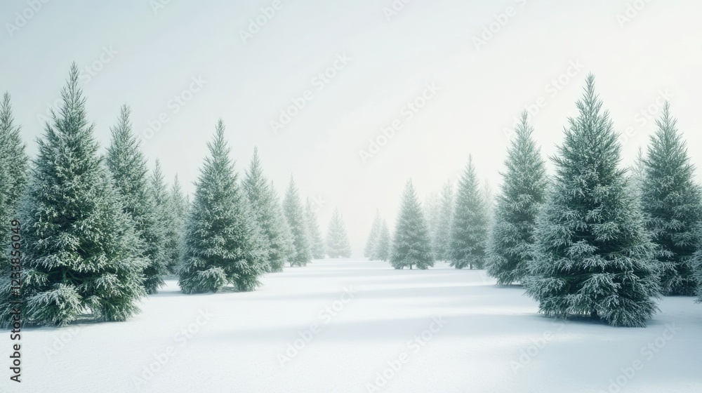 Naklejka premium Winter Evergreen Forest Scene with Snow Cover and Ample Space for Text Overlay