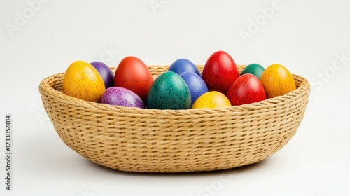 Colorful Easter Eggs Nestled in Woven Basket with Ample Copyspace for Seasonal Messages or Promotional Text