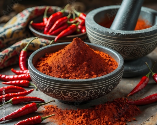 Traditional red chili powder with whole red chilies, captured in an ethnic setting. The vibrant color and rich texture highlight the essence of Indian spices and culinary heritage.