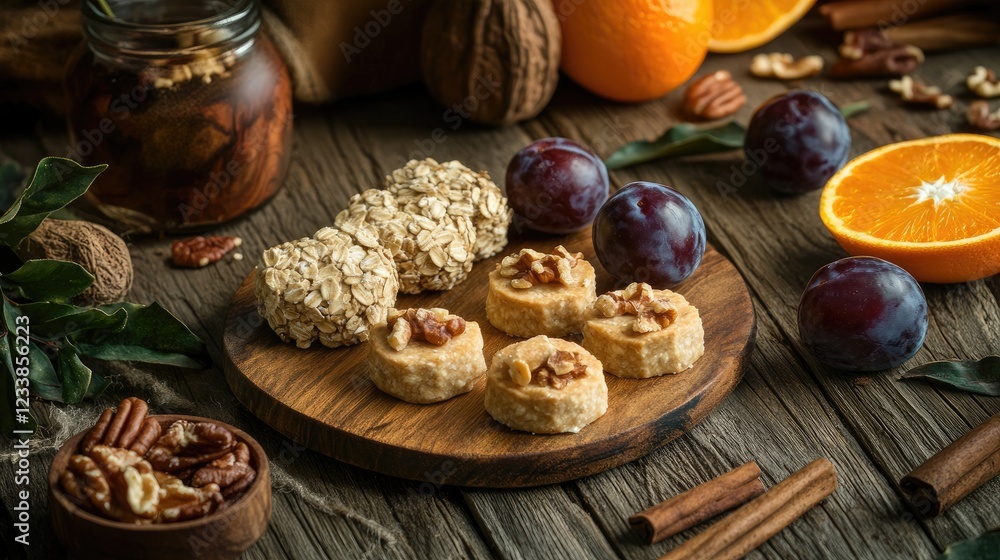 Wholesome oatmeal pastries with orange plums and nuts on a rustic wooden table showcasing healthy snack options. Wholesome oatmeal pastries with orange plums and nuts on a rustic wooden table showcasing healthy snack options.
