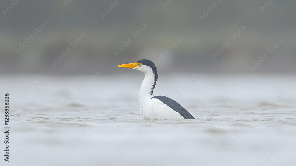 Fototapeta premium White-necked cormorant swimming, river, foggy background, wildlife photography