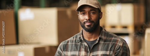 Portrait of Warehouse Worker in Flannel Shirt with Boxes Background and Empty Space for Text and Messages photo