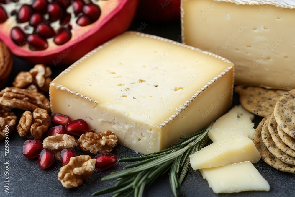 A gourmet cheese platter pairs luxury cheeses with crisp crackers. Cheese assortment with nuts, crackers, and pomegranate on a dark background. A gourmet cheese platter pairs luxury cheeses with crisp crackers. Cheese assortment with nuts, crackers, and pomegranate on a dark background.