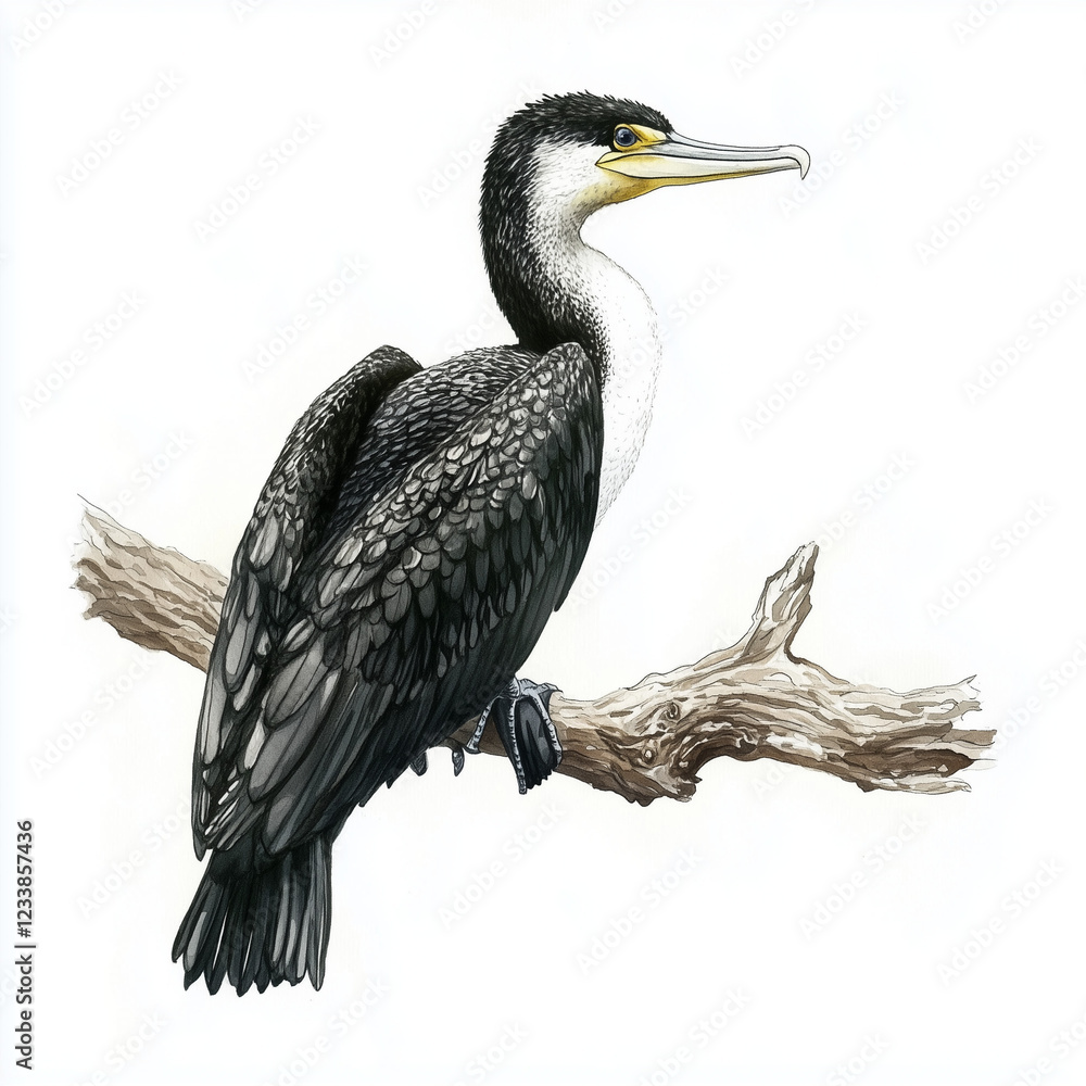 Fototapeta premium Illustration of the Cormorant sitting on the branch, soft watercolor tones, white background, detailed illustration, cartoonish.