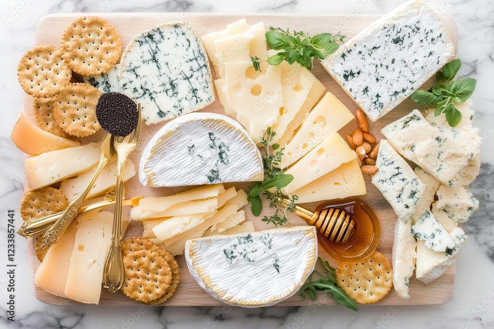 A gourmet cheese platter pairs luxury cheeses with crisp crackers. Cheese platter with assorted cheeses, crackers, and garnishes on a wooden board. A gourmet cheese platter pairs luxury cheeses with crisp crackers. Cheese platter with assorted cheeses, crackers, and garnishes on a wooden board.