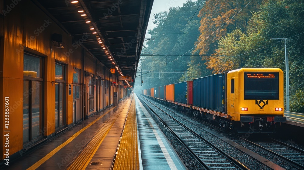 Naklejka premium Freight Train at a Modern Railway Station on a Rainy Day