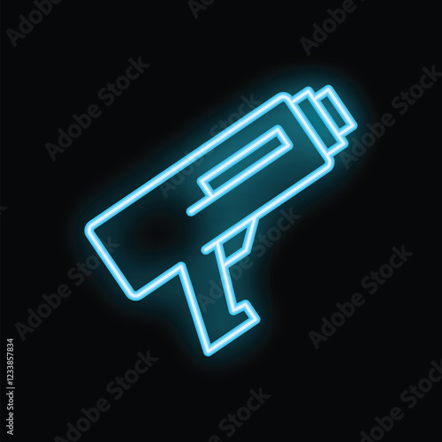 Neon sign representing a ray gun glowing on a wall at night