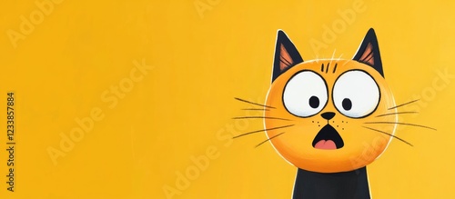 Surprised cat mascot with pouting face against a bright yellow background and empty copy space for text or design elements photo