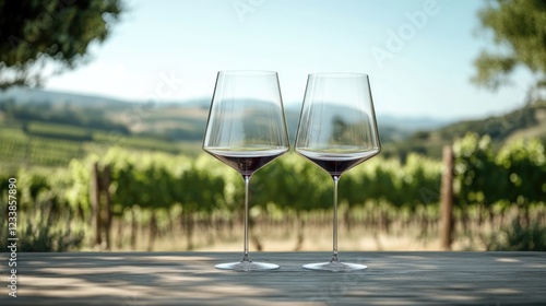 Elegant wine glasses on rustic table overlooking lush vineyard landscape with clear blue sky and ample space for your personalized text. photo