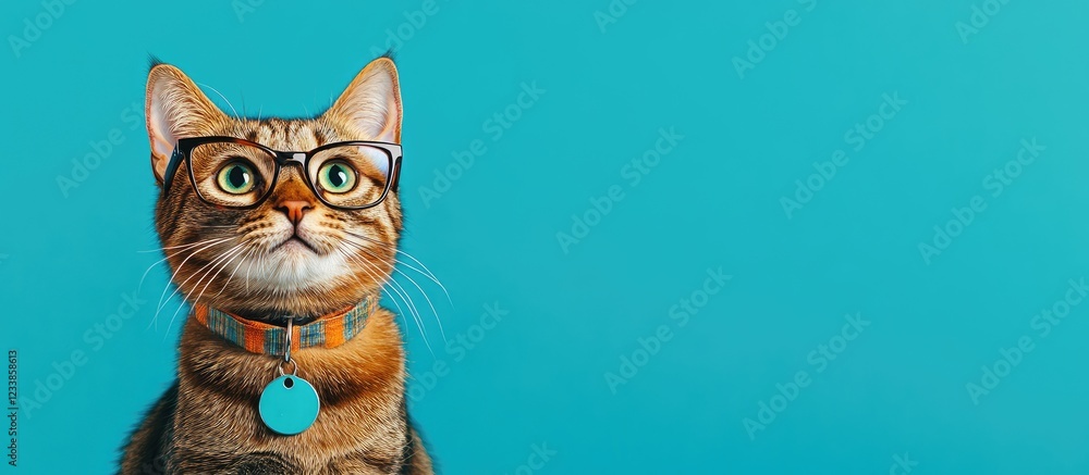 Cat in glasses and badge against vibrant blue backdrop with ample empty space for text, perfect for creative applications and marketing. Cat in glasses and badge against vibrant blue backdrop with ample empty space for text, perfect for creative applications and marketing.