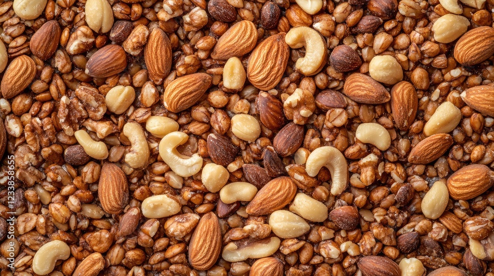 Whole Roasted Nut Bar Surrounded by an Assortment of Grains and Nuts for Health Food Website Banner or Advertising Whole Roasted Nut Bar Surrounded by an Assortment of Grains and Nuts for Health Food Website Banner or Advertising