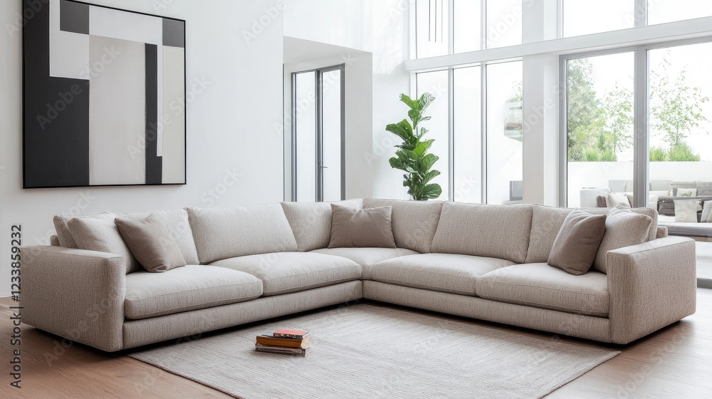 Fototapeta premium Modern sectional sofa in a spacious minimalist living room with natural light and elegant decor emphasizing comfort and style.