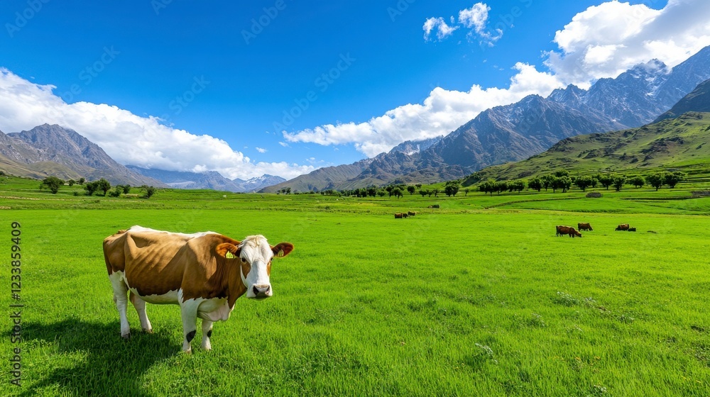 Cow in Green Pasture Against Majestic Mountains and Blue Sky Cow in Green Pasture Against Majestic Mountains and Blue Sky